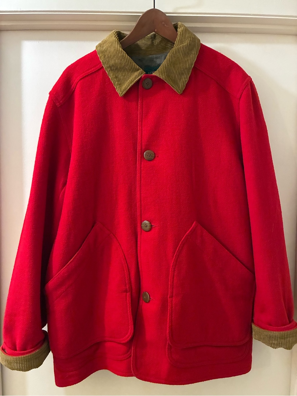 Like New J Crew Men's Red Wool Barn Jacket Heritage 1983 L w/contrast collar